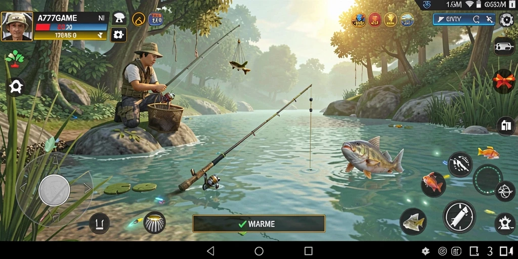 Screenshot A777GAME menampilkan suasana gameplay memancing yang mendebarkan.