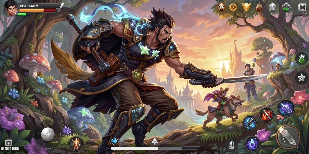 Screenshot V21 menunjukkan aksi pertarungan seru di dunia fantasi.